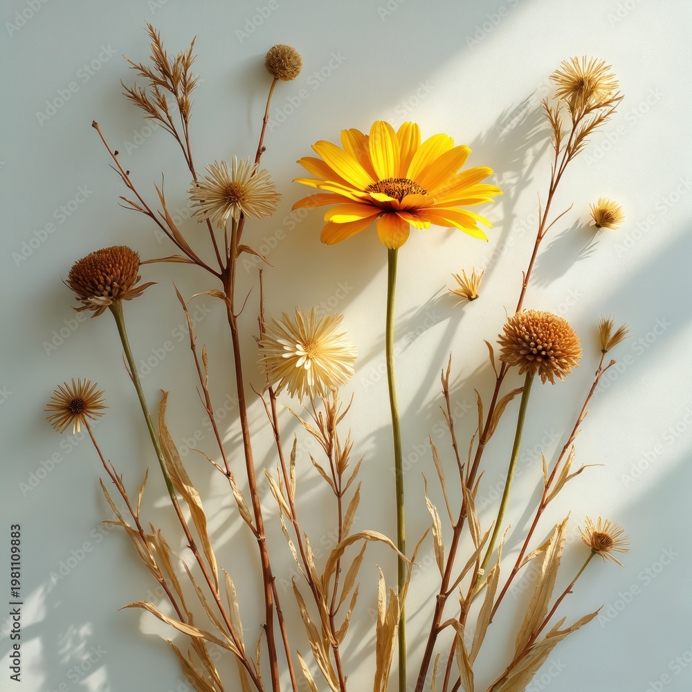 Obraz premium Collection of dried flowers and grasses arranged on white background. Yellow flower stands tall with other seed heads and dry stems casting shadows in sunlight. Autumn botanical study.