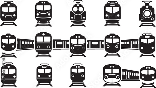 Train locomotives, steam train icons, railway vehicles, transportation symbols, black and white