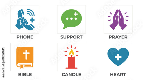 Christian communication icons feature a telephone, a speech bubble, praying hands, an open bible, a candle, and a heart.