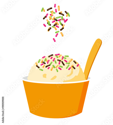 カラースプレーをかけたバニラアイスクリームのイラスト