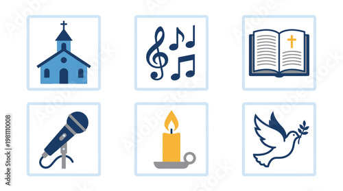 Religious and spiritual symbols including a church and a dove are arranged in this icon set.