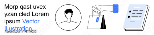 User identification, consumer behavior, e-commerce, document verification, digital identity, business processes. Outline of a person, shopping bag and document line art. User identification