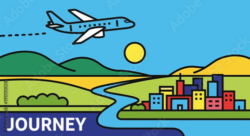 Airplane flying over a vibrant landscape with a city and river.