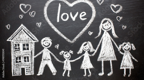 Chalk drawing of a happy family holding hands with a house and hearts surrounding the word love on a blackboard background symbolizing warmth and togetherness