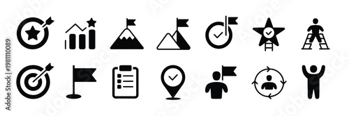Goal and strategy vector icons, collection featuring progress tracking, mountain peak success, workflow steps, checklist tasks, and direction arrows, ideal for planning, productivity