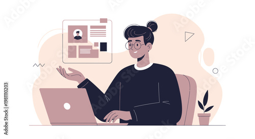 Young person working on laptop with profile and data on screen, modern office illustration