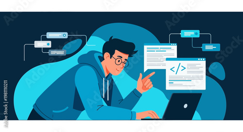 Young Programmer Working on Laptop with Code and Flowchart