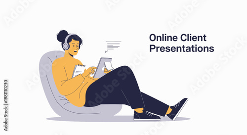 Young woman in headphones presenting online, working remotely, studying, e-learning concept