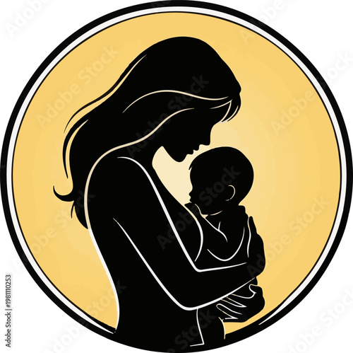 Beautiful silhouette of a loving mother gently holding her tiny baby inside a warm circular golden frame