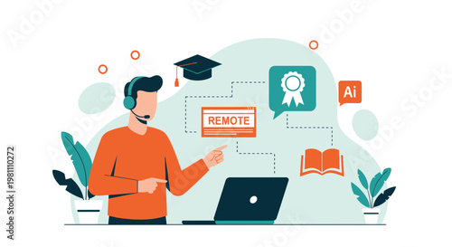 Online Learning Concept: Man with Laptop, Graduation Cap, Certificate, Book, AI