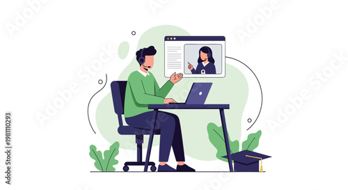 Online Learning: Student with Laptop and Teacher on Video Call, Graduation Cap