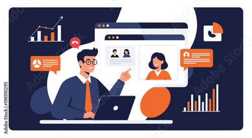 Online Meeting and Business Analysis: Man in Video Conference with Charts