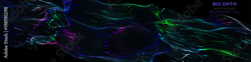 Abstract digital data from wavy lines stream and colorful points quantum computing in dark cyberspace. Tech information transmission. Big data.