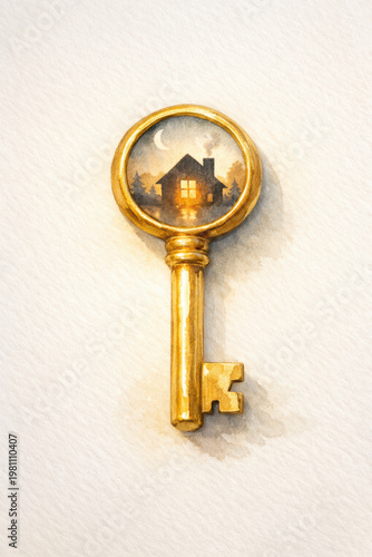 Golden vintage key with tiny glowing house inside, symbolizing home, security and dreams, illustrated in soft watercolor with warm nostalgic tone