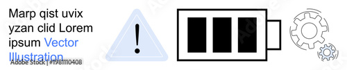 Energy management, maintenance, system alerts, power indicator, industrial services, workflow optimization. A battery, warning sign and gear symbols. Energy management and maintenance concept