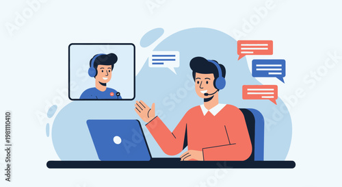 Online support agent with headset on video call, laptop and chat bubbles