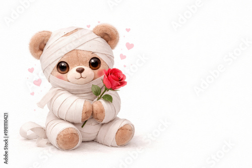 Cute bear wrapped in bandages holding a red rose, symbolizing love, healing, care and emotional support on soft minimal background