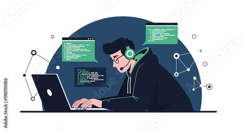Programmer Working on Laptop with Code and Headset, Coding Concept