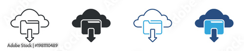 Cloud Download Folder Icon Set, Data Storage and File Transfer, Web Technology Icons, Vector Illustration