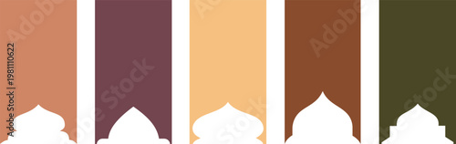 "Vibrant multi-colored Islamic bunting flag vectors with traditional mosque dome silhouette designs for Ramadan and Eid Mubarak celebration decor"