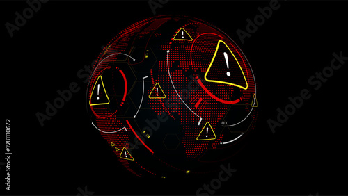 Digital World War Concept. Global Conflict and Cyber Warfare Alert Icons on Red World Map. High-Tech Security Threat and Crisis Illustration, vector illustration	