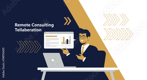 Remote Consulting Collaboration: Businessman working on laptop with charts and graphs