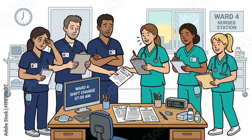 Hospital nursing staff shift change illustration with tired night shift and energetic day shift