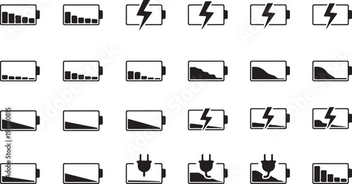 Battery icons, power symbols, charging signs, energy indicators, vector graphics