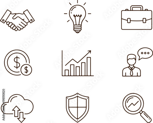 Collection of business and finance icons including handshake idea and growth chart