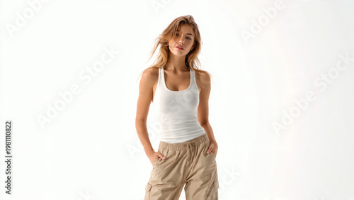 Photograph of a slim, attractive young woman with long, wavy blonde hair, wearing a white tank top and tan cargo pants, standing against a plain white background.