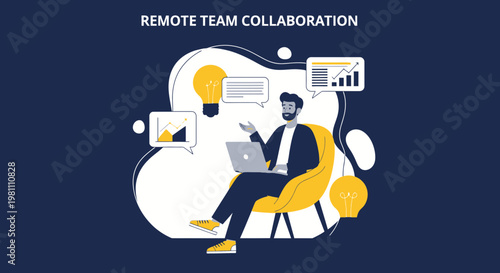 Remote Team Collaboration: Man Working Remotely with Laptop and Analytics