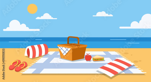 Beach picnic setup with basket, blanket, and snacks.