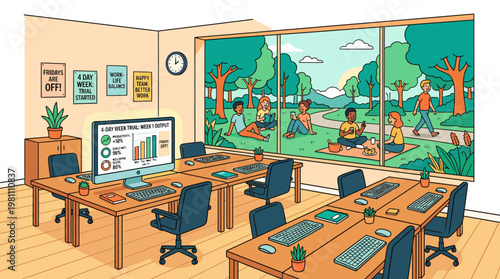 4-day work week concept illustration showing empty office and people relaxing in a park