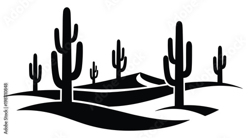 Desert landscape with cacti and sand dunes at sunset silhouette.