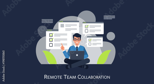 Remote Team Collaboration: Man Working Remotely with Laptop and Tasks