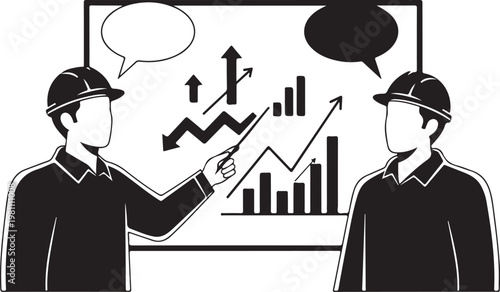 Two men in hard hats discussing graphs on a whiteboard charts