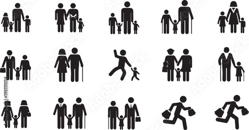 20 Black Silhouette Family Icons, People, Couples, Children, Parenting Symbols, Family Relationships