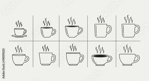 outline illustrations of various coffee cups with steam on white background