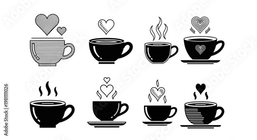 Set of unique coffee cup icons with heart shapes and steam designs representing love for hot beverages in black and white minimalist flat vector illustration art