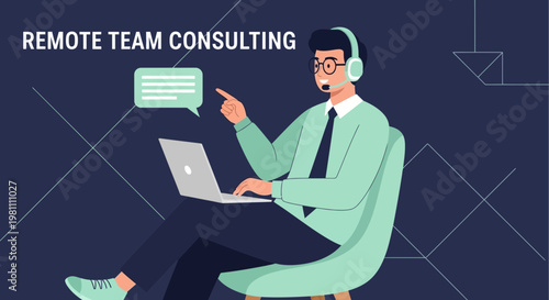 Remote Team Consulting: Man with Laptop and Headset, Chat Icon, Business Communication