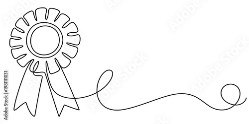 Continuous one line drawing of a winner award ribbon rosette for success and achievement. Vector, illustration
