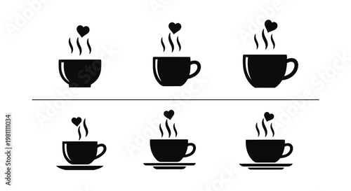 Minimalist coffee mug set with floating heart symbol and wavy steam lines illustrating warm beverage service and breakfast routines in monochrome vector graphics
