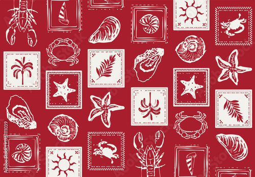 Принти на полотні Sea shells, fossils and mollusks seamless pattern