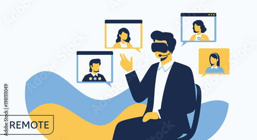 Remote Teamwork: Man in VR headset connecting with colleagues via video calls