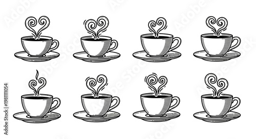 Set of heart shaped steam coffee cups doodle style vector illustration heart vapor over hot beverages love coffee concept drawing