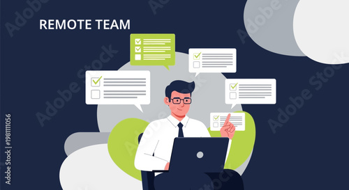 Remote Teamwork: Man working on laptop with task lists and communication bubbles