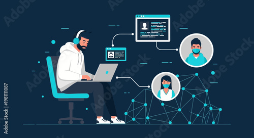 Remote worker connecting with colleagues online, digital network concept