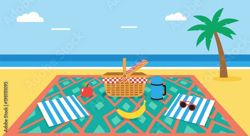 Beach picnic setup with basket, fruit, and towels on a patterned blanket.