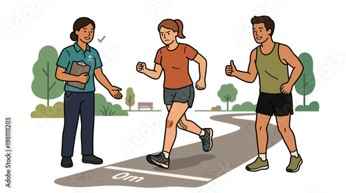 Physical therapist monitoring woman with knee injury running in park for rehabilitation assessment