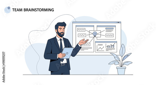 Team brainstorming session with a businessman presenting ideas on a screen